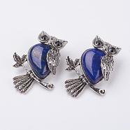 Natural Lapis Lazuli Pendants, with Alloy Finding, Owl, Antique Silver, 46.5x35.5x11.5mm, Hole: 6x8.5mm(G-E442-01A)