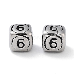 304 Stainless Steel Beads, Cube with Number 6, Antique Silver, 5.5x6x5.5mm, Hole: 1.8mm(STAS-M057-29AS)