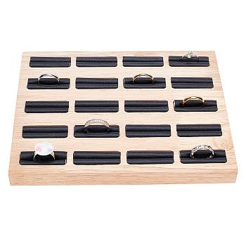 20-Slot Wood Ring Display Tray Stands, Finger Ring Organizer Holder, with PU Imitation Leather, Black, 19.2x15.4x1.8cm, Inner Diameter: 4x1.5cm