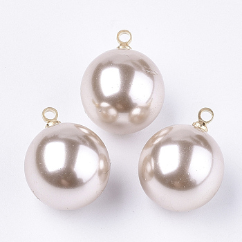 Eco-Friendly ABS Plastic Imitation Pearl Beads, with Brass Findings, Round, Golden, PeachPuff, 16x12mm, Hole: 1.5mm