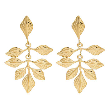 304 Stainless Steel Leaf Theme Stud Earrings For Women, Real 18K Gold Plated, 57x35mm