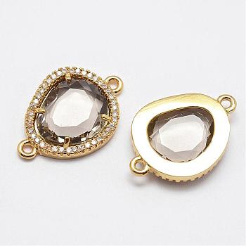 Rack Plating Brass Micro Pave Cubic Zirconia Links, with Glass, teardrop, Cadmium Free & Lead Free, Golden, Camel, 24x17x4mm, Hole: 2mm