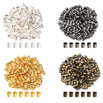 600Pcs 4 Colors Brass Crimp Beads, Tube, Mixed Color, 2x2x0.15mm, Hole: 1.5mm, 150pcs/color