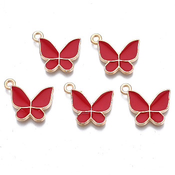 Alloy Enamel Pendants, Cadmium Free & Lead Free, Butterfly, Light Gold, Red, 15x17x2mm, Hole: 1.6mm
