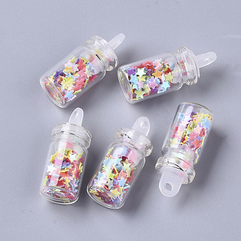 Glass Wishing Bottle Pendant Decorations, with Star Glitter Sequins/Paillette inside, with Plastic Plug, Colorful, 24.5x10mm, Hole: 2mm