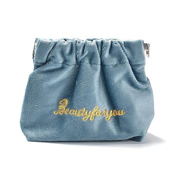 Velvet Spring Snap Closure Change Purse, Embroidered Word Clutch Bags, Storage Pouch for Jewelry Earphone, Rectangle, Light Blue, 12x13.5x1.8cm
