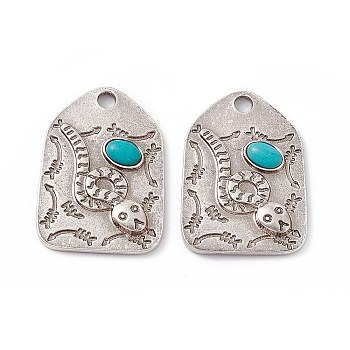 Synthetic Turquoise Pendants, Arch Charms with Snake, with Rack Plating Alloy Findings, Antique Silver, 29x20x3mm, Hole: 3mm