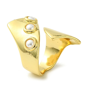 Brass with ABS Imitation Pearl Open Cuff Ring, Real 16K Gold Plated, US Size 7 1/4(17.5mm)