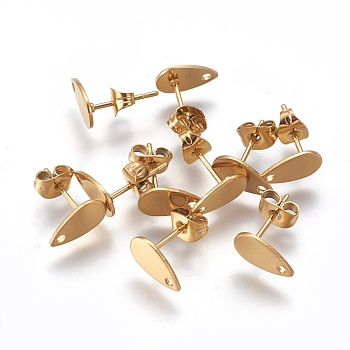 Ion Plating(IP) 304 Stainless Steel Stud Earring Findings, with Flat Plate, Teardrop, Golden, 10x6x0.9mm, Hole: 1mm, Pin: 0.8mm