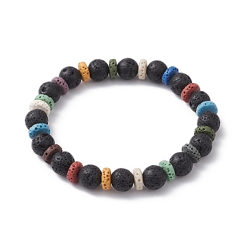 Dyed Natural Lava Rock Round & Disc Beaded Stretch Bracelets for Women, Colorful, Inner Diameter: 1-7/8 inch(4.85cm)