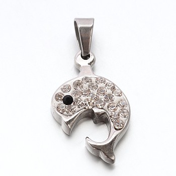 304 Stainless Steel Dolphin Pendants, with Polymer Clay Crystal Rhinestones, Stainless Steel Color, 23x14x4mm, Hole: 4x6mm