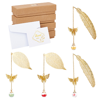 Glass Ball & 3D Brass Butterfly Pendant Bookmarks, with Paper Greeting Card & Envelopes, Cardboard Boxes, Golden, 202~240mm