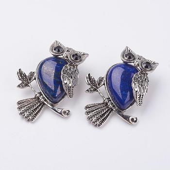 Natural Lapis Lazuli Pendants, with Alloy Finding, Owl, Antique Silver, 46.5x35.5x11.5mm, Hole: 6x8.5mm