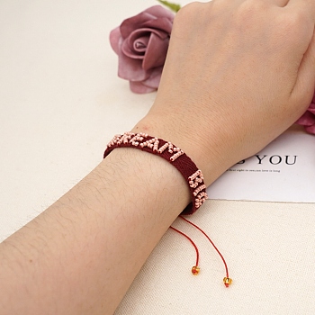 Nylon Cord Braided Bead Bracelets, Glass Seed Beaded Word Dream Big Inspiration Bracelet for Women, Dark Red, 11 inch(28cm)