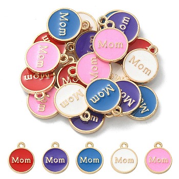 20Pcs 5 Colors Alloy Enamel Charms, Cadmium Free & Lead Free, Light Gold, Flat Round with Word Mom, Mixed Color, 14.5x12x2mm, Hole: 1.4mm, 4pcs/color