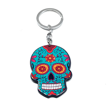Plastic Pendant Keychain, with Iron Key Rings, Skull, Dark Turquoise, Pendant: 5.7x4cm