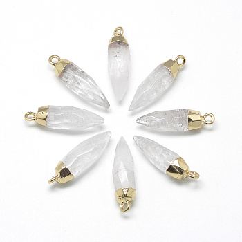Natural Quartz Crystal Pointed Pendants, Rock Crystal Pendants, with Brass Findings, Faceted, Bullet, Golden, 25~27x8mm, Hole: 2mm