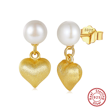 925 Sterling Silver Heart Dangle Stud Earrings, with Natural Pearl, with S925 Stamp, Real 14K Gold Plated, 17x8mm