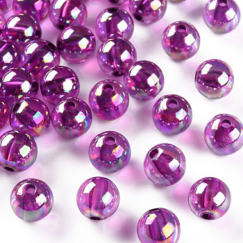 Transparent Acrylic Beads, AB Color Plated, Round, Magenta, 10x9mm, Hole: 2mm, about 940pcs/500g