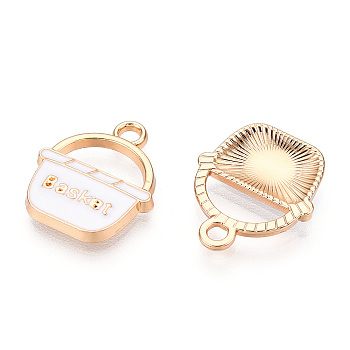 Alloy Pendants, with Enamel, Cadmium Free & Lead Free, Light Gold, Basket with Word, White, 17x14x2mm, Hole: 2mm
