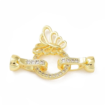 Rack Plating Brass Micro Pave Clear Cubic Zirconia Fold Over Butterfly Extension Clasps, Long-Lasting Plated, Cadmium Free & Lead Free, Real 18K Gold Plated, 14x7.5x6mm, Hole: 4.5mm