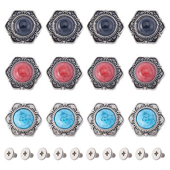 21 Sets 3 Colors Alloy Buttons, with Synthetic Turquoise and Iron Screws, for Purse, Bags, Leather Crafts Decoration, Flower, Mixed Color, 13x11.5x6.5mm, Hole: 2.5mm, 7 sets/color
