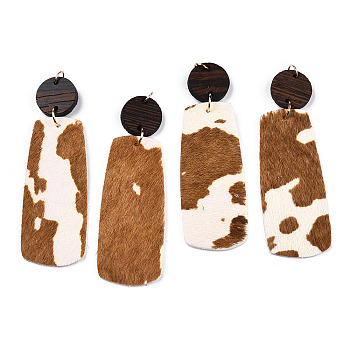 Eco-Friendly Cowhide Leather Big Pendants, with Dyed Wood and 304 Stainless Steel Jump Rings, Rectangle with Print, Peru, 75mm