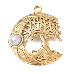 304 Stainless Steel Pendants, with Plastic Pearl Bead, Crescent Moon & Tree of Life Charms, Golden, 44.5x36x5.5mm, Hole: 3.5mm(SA-CBA97B9-03G)