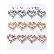 Vacuum Plating 304 Stainless Steel Stud Earring, with Rhinestone, Heart, Mixed Color, 13x14mm, 12pcs/set(EJEW-C099-05MC)