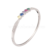 Brass Pave Colorful Glass Hinged Bangles for Women, Platinum, with Clear Cubic Zirconia, Rhombus, Inner Diameter: 2-1/4 inch(5.6cm), 6mm(BJEW-S147-21B-P)