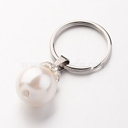 Stainless Steel Keychain, Round, with Imitation Pearl Acrylic Beads and Brass Rhinestone Spacer Beads, White, 52mm(X-KEYC-JKC00088)