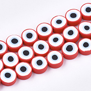 Handmade Polymer Clay Beads Strands, Flat Round with Eye, Red, 10.5x4.5~5mm, Hole: 1.4~1.8mm, about 40pcs/strand, 16.5 inch(CLAY-S092-22B)