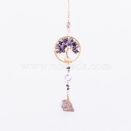 Natural Amethyst Flat Round with Tree of Life Pendant Decorations, with Glass Beads, for Car Hanging Ornament, 350mm(TREE-PW0002-23)