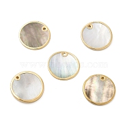 Natural Black Lip Shell Pendants, with Brass Findings, Flat Round Charms, Light Gold, 20~21x20~21x1~2mm, Hole: 1.4~1.5mm(PEAR-P004-63KCG)