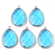 Glass Pendants, with Golden Plated Brass Edge, Faceted, Teardrop, Deep Sky Blue, 34~35x23x7mm, Hole: 2.5mm(GLAA-S130-40B)