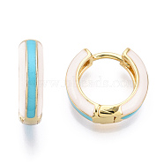 Brass Huggie Hoop Earrings, with Two Tone Enamel, Real 18K Gold Plated, Dark Turquoise, 15x16.5x5mm, Pin: 1x1mm(EJEW-S209-07C)