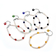 Natural Gemstone Beaded Bracelets, with Evil Eye Lampwork Beads, Natural Pearl Beads, Brass Beads and 304 Stainless Steel Lobster Claw Clasps, 7-7/8 inch(20cm)(BJEW-JB05313)