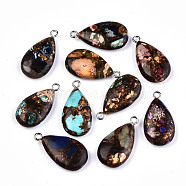 Assembled Natural Bronzite and Natural & Synthetic Gemstone Pendants, with Platinum Plated Iron Loop, Teardrop, Mixed Dyed and Undyed, Mixed Color, 28~29x15~16x6mm, Hole: 2mm(G-N330-014)