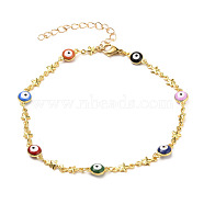 Anklets, with Brass Enamel Link Chains and 304 Stainless Steel Lobster Claw Clasps, Evil Eye, Star, Golden, Colorful, 9-5/8 inch(24.5cm)(AJEW-AN00307)