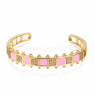 Brass Micro Pave Clear Cubic Zirconia Cuff Bangles, with Enamel, Nickel Free, Square, Real 16K Gold Plated, Pearl Pink, Inner Diameter: 2-3/8x2 inch(5.9x4.5cm)(BJEW-N302-006F-NF)