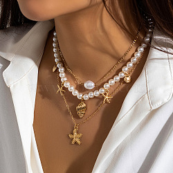 Shell Shape & Starfish Bohemian Alloy & Imitation Pearl Pendant 3 Layered Necklaces for Women, White, Golden, 13.78~17.72 inch(35~45cm)(FS-WG726DA-01)