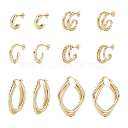 Yilisi 4Pair 4 Style C-shape Brass Stud Earrings, with 2Pair 2 Style Huggie Hoop Earrings for Women, Golden, 15~38x19~34x2.5~19.5mm, Pin: 0.3~0.7mm, 1Pair/style(DIY-YS0001-41)