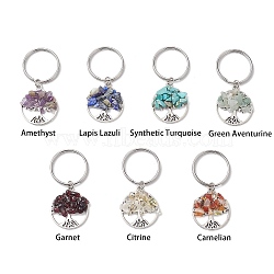 7Pcs 7 Styles Gemstone Keychains, with Alloy Findings and 304 Stainless Steel Split Key Rings, Tree of Life, 5.55cm(KEYC-JKC00770)