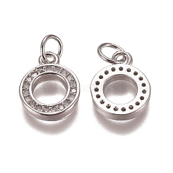Brass Micro Pave Clear Cubic Zirconia Charms, with Jump Rings, Round Ring Shape, Platinum, 12x10x2mm, Hole: 3mm(ZIRC-G153-23P)