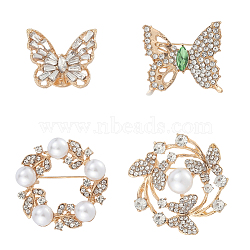 4Pcs 4 Styles Alloy Rhinestone Brooches for Clothes, with Imitation Pearl, Mixed Shapes, 19.5~38.5x23~38mm, 1pc/style(JEWB-CN0001-05)