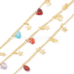 Handmade Cubic Zirconia Heart & Brass Star Charms Chain, with Curb Chains, Real 18K Gold Plated, Lead Free & Cadmium Free, Soldered, with Spool, Colorful, 2x2x0.5mm(CHC-E025-49G)