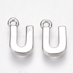 Brass Charms, Letter, Nickel Free, Real Platinum Plated, Letter.U, 8.5x5.5x1.5mm, Hole: 0.8mm(X-KK-S350-167U-P)