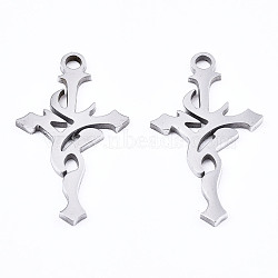 201 Stainless Steel Pendants, Laser Cut, Cross, Stainless Steel Color, 20x11x1mm, Hole: 1.4mm(STAS-T044-207P)
