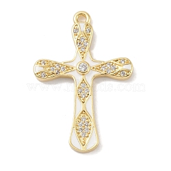 Rack Plating Brass Micro Pave Cubic Zirconia Pendants, with Enamel, Long-Lasting Plated, Lead Free & Cadmium Free, Real 18K Gold Plated, Cross, White, 31x21x3mm, Hole: 1.6mm(KK-A224-14G-02)