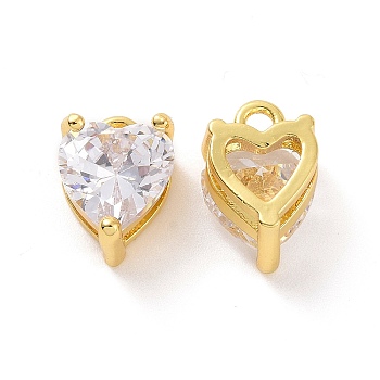 Brass Pendants with Clear Glass, Heart Charms, Real 18K Gold Plated, 10x7x5.5mm, Hole: 1.5mm